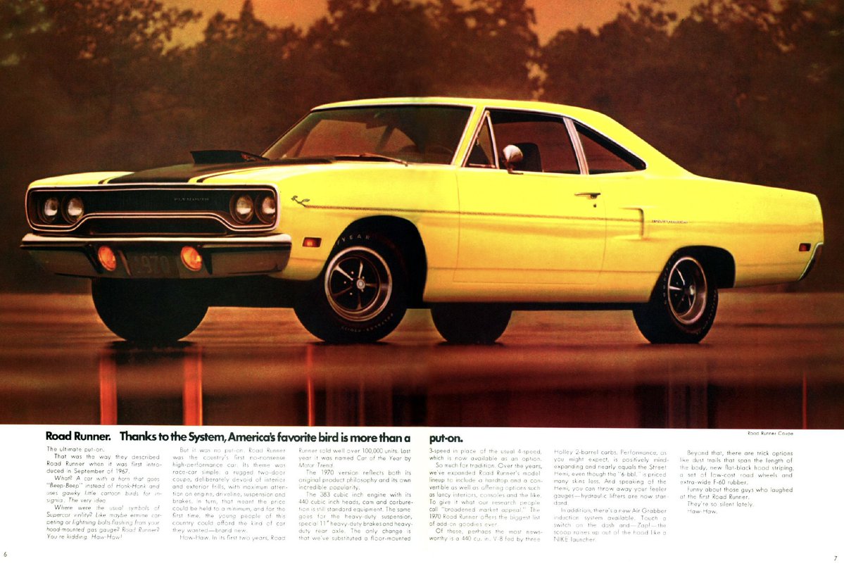 RoadworkUK's tweet image. Somehow the Plymouth Road Runner doesn't feel like the kind of car that you could just go to a dealership and buy, and read about in a brochure like any ordinary car.