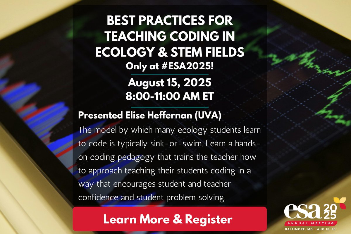 ESA_org's tweet image. Only at #ESA2025 & just 4 seats left! *Coding Across Curriculum: Best Practices for Teaching Coding in Ecology & STEM Fields* trains the teacher how to approach teaching their students coding in a way that encourages confidence & student problem solving. esa.org/baltimore2025/…