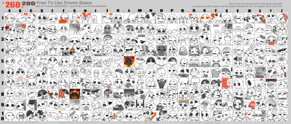 Takiimikiku's tweet image. And here is the full set of all 260 emote bases for anyone that wants to use the full template (˶˃ ᵕ ˂˶)
I also already added all the new ones to the big pack over on ko-fi so you can even get them all at once! ✧