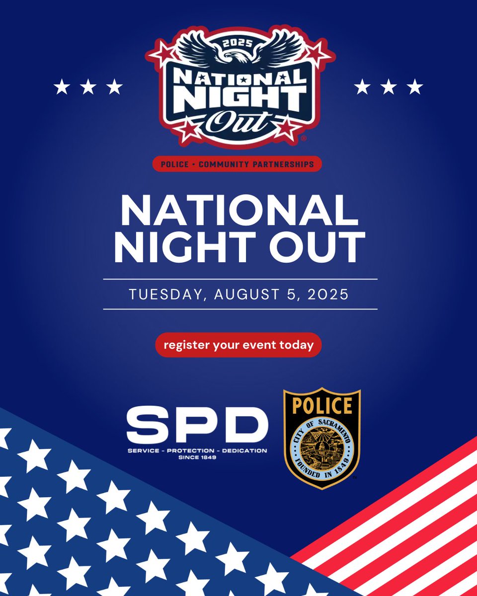 SacPolice's tweet image. National Night Out is happening on Tuesday, August 5, 2025, and the Sacramento Police Department is excited to join neighborhoods across the city for this annual evening of community and crime prevention.

It’s a great opportunity to meet your local officers, strengthen…