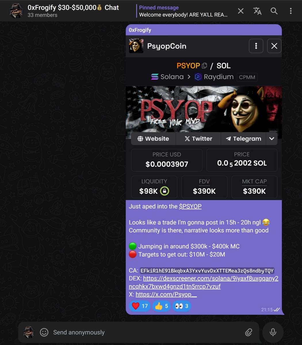 0xFrogify's tweet photo. $30 - $50,000 Challenge - DAY 5

Aped $PSYOP at $390k MC
Sold ~$23M MC - 57x

Biggest play in the challenge so far tbh.

[] Challenge balance: $7,643 USD

This is just a start boys, if you wanna in with us:

- Like
- Retweet
- Comment "LFG-30"

33/100 joined (Only for followers)👇