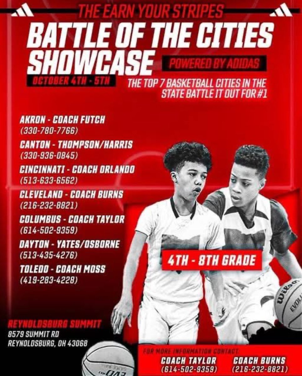 glhoward109's tweet image. Earn Your Stripes Battle of The Cities Showcase
Powered by Adidas
The Top 7 basketball cities in the State battle it out October 4th- 5th @ Reynoldsburg Summit
For more information how to represent your city as a player or coach contact Coach Rob Taylor Or Coach Burns💯💫🔥🏀