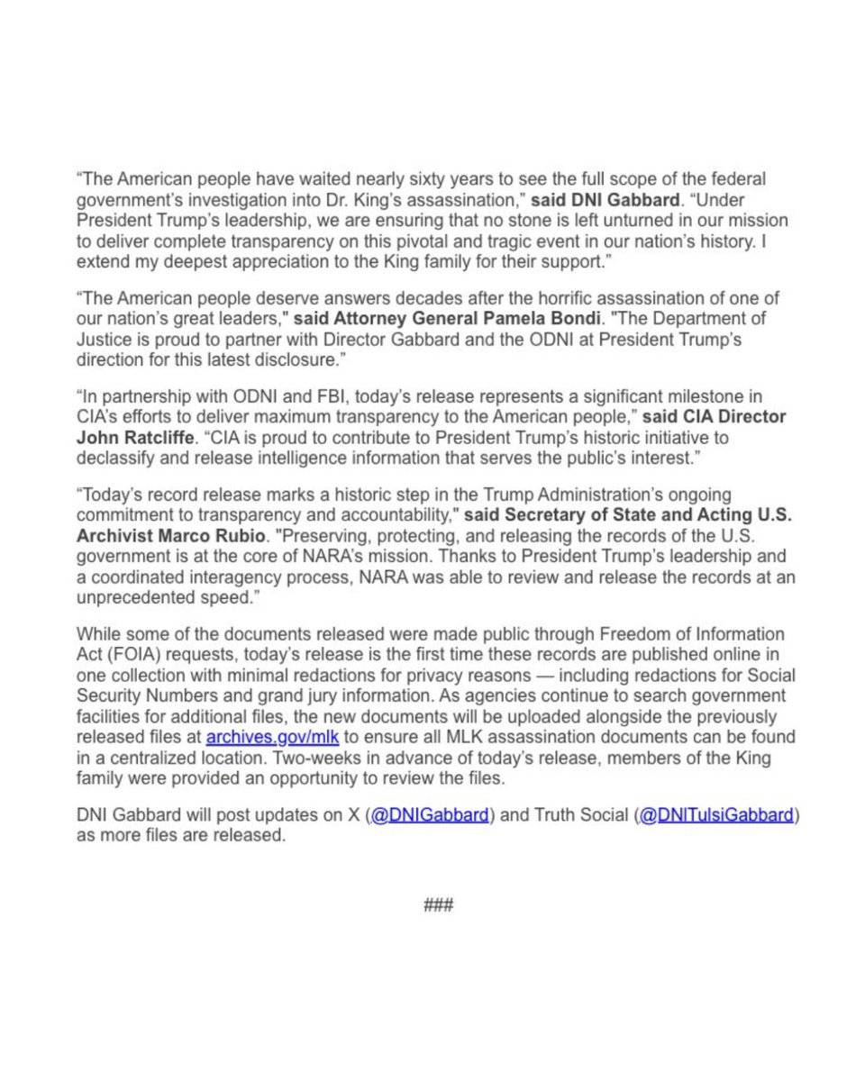 bennyjohnson's tweet image. 🚨BREAKING: DNI Tulsi Gabbard announces the release of over 230,000 MLK Jr. assassination files.