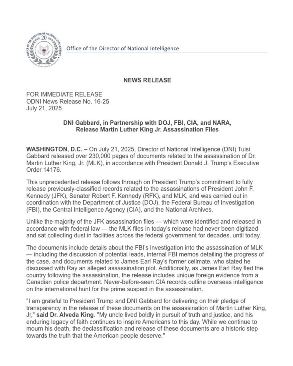 bennyjohnson's tweet image. 🚨BREAKING: DNI Tulsi Gabbard announces the release of over 230,000 MLK Jr. assassination files.