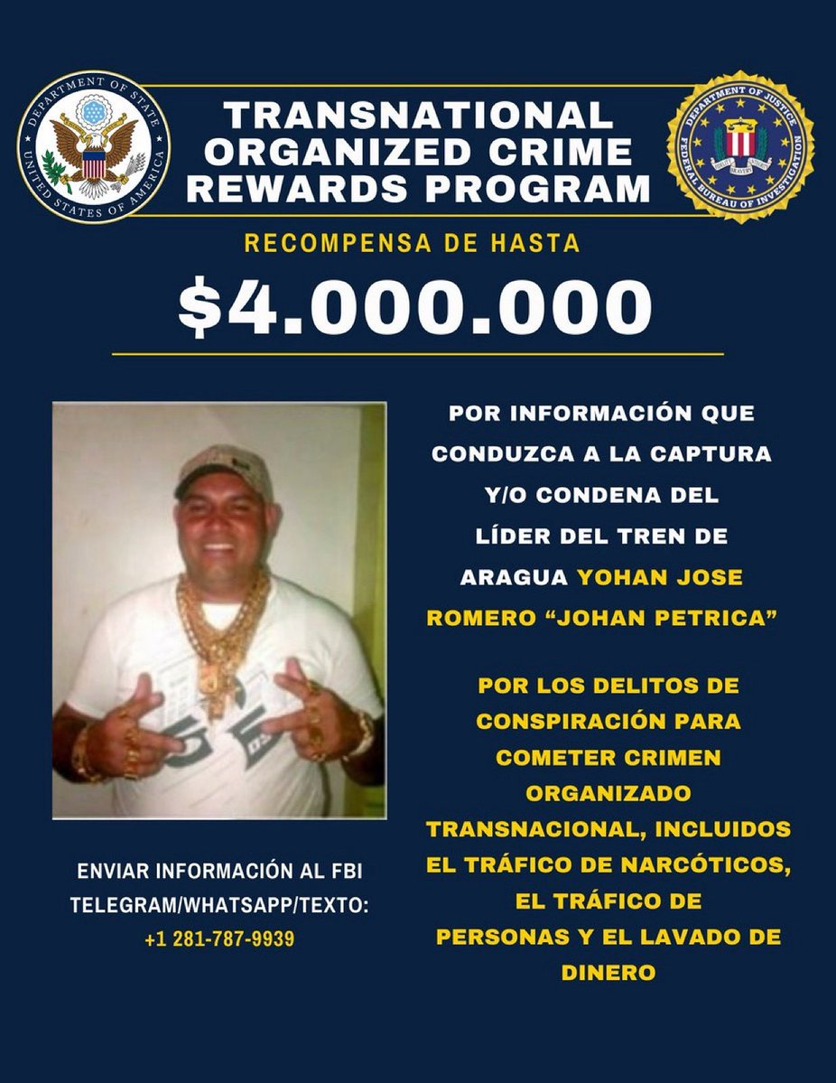 usembassyve's tweet image. Otro matón de Tren de Aragua, otro objetivo para la justicia. Estados Unidos ha sancionado a “Johan Petrica”, un lugarteniente principal y cofundador de la pandilla, por su papel en un reino de terror, extorsión, violencia y explotación sexual de mujeres y niños. Ofrecemos hasta…