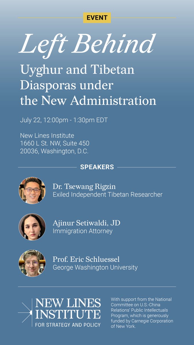 NewlinesInst's tweet image. 🚨Happening Tomorrow | 12–1:30PM
Left Behind: Uyghur & Tibetan Diasporas under the New Administration
Join @NewlinesInst & leading experts to discuss how recent U.S. budget cuts are affecting diaspora activism.
📍In-person or online
🔗 Register: bit.ly/40sdA4u