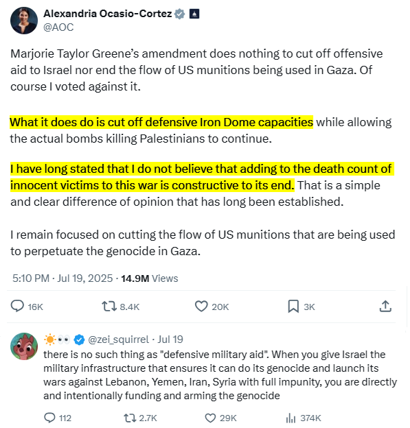 zei_squirrel's tweet image. you are lying. You voted against an amendment that Ilhan Omar, Rashida Tlaib, Summer Lee and Al Green voted for to stop giving Israel the essential military infrastructure it needs to continue the genocide and launch it wars. AND THEN YOU EXPLICITLY DEFENDED THAT POSITION: