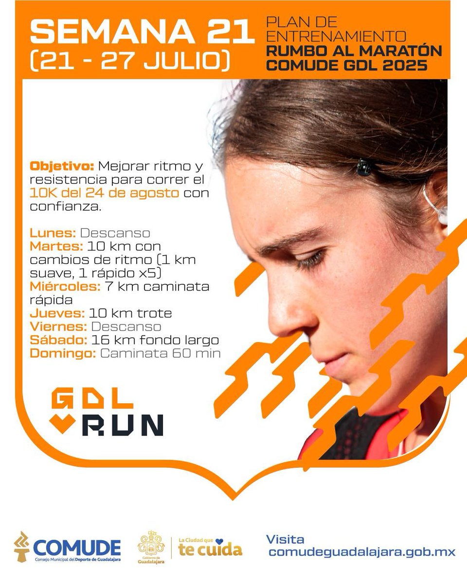 🏃‍♀️ ¡Semana 21 del camino al 10K y Maratón Guadalajara 2025! 📆
Cada entrenamiento suma y nos acerca más al gran día.

📲 ¿Aún no formas parte?
Inscríbete aquí 👉 portal.comudeguadalajara.gob.mx

#10KGuadalajara #MaratónGDL2025 #ComudeGDL #GDLRun 💙👟