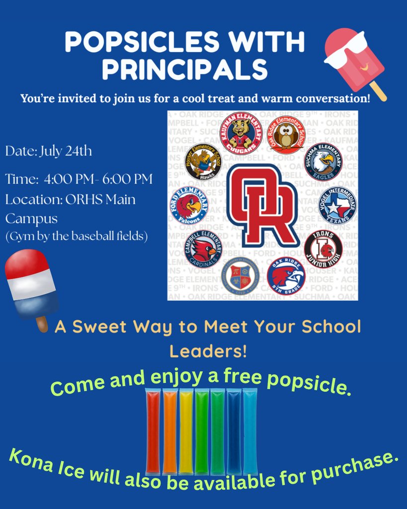 Come to the Oak Ridge main campus on July 24th from 4pm-6pm and meet with our principals! We are looking forward to seeing you!