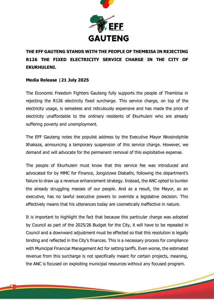 EFFGautengProv's tweet image. EFF in Gauteng Fully Supports the People of Thembisa in rejecting the R126 electricity fixed surcharge.
- This Service Charge, on top of the electricity usage, is senseless and ridiculously expensive and has made the price of electricity unaffordable to the ordinary residents of…