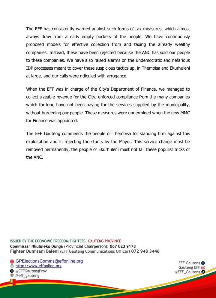 EFFGautengProv's tweet image. EFF in Gauteng Fully Supports the People of Thembisa in rejecting the R126 electricity fixed surcharge.
- This Service Charge, on top of the electricity usage, is senseless and ridiculously expensive and has made the price of electricity unaffordable to the ordinary residents of…
