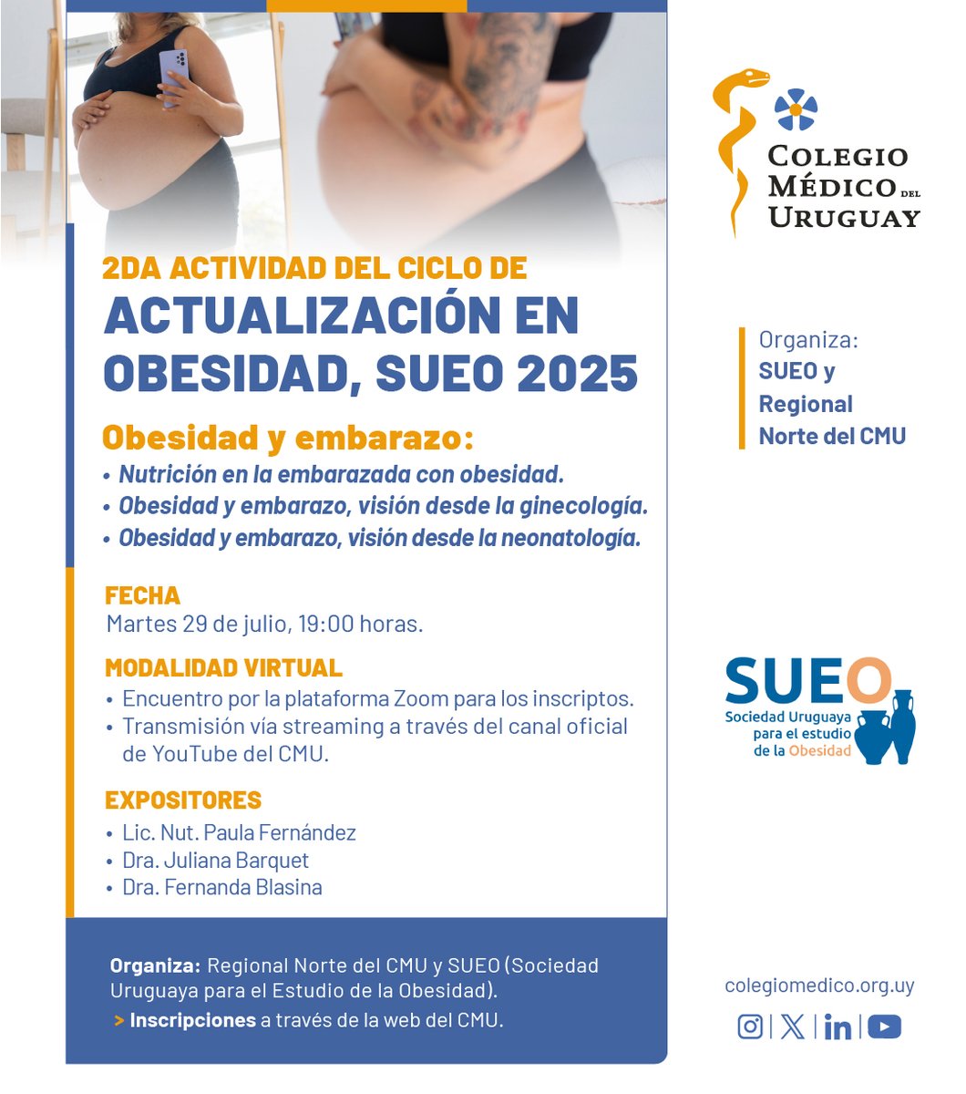 Los invitamos a participar de la segunda actividad del ciclo de “Actualización en obesidad” organizada por la Regional Norte del CMU junto a SUEO.

🗓️ Martes 29 de julio, 19:00 horas
▶️ Modalidad virtual.

✏️ Inscripciones a través del sitio web del CMU.