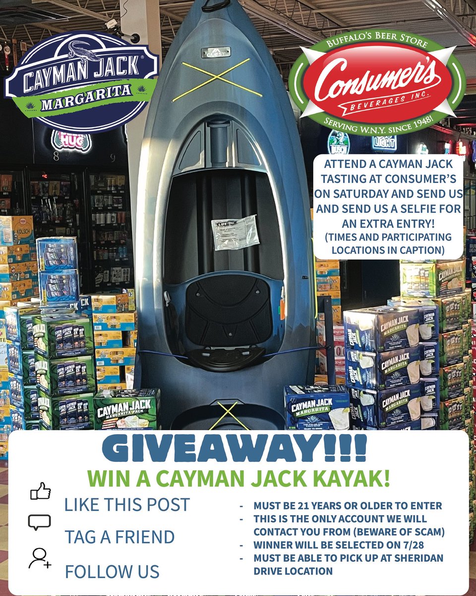 ConsumersBeer's tweet image. GIVEAWAY!!! Win a Cayman Jack Kayak!
To enter:
❤️ like this post
💬 tag a friend in the comments
👤 follow us
Please remember that you must be 21 years or older to enter, the winner will be selected on July 28th, beware of spam bots and the winner must pick up at Sheridan Dr !