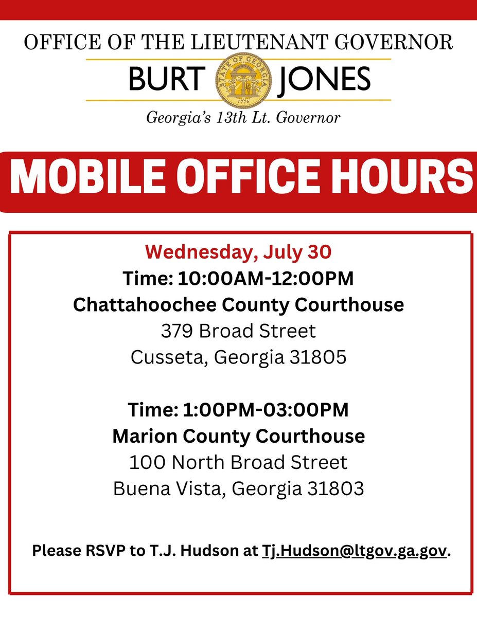 LtGovJonesGA's tweet image. Mobile Office Hours will be in Chattahoochee and Marion Counties on Wednesday, July 30th! Come meet with our team as they discuss the important issues impacting you and your community. More details are listed below. #gapol