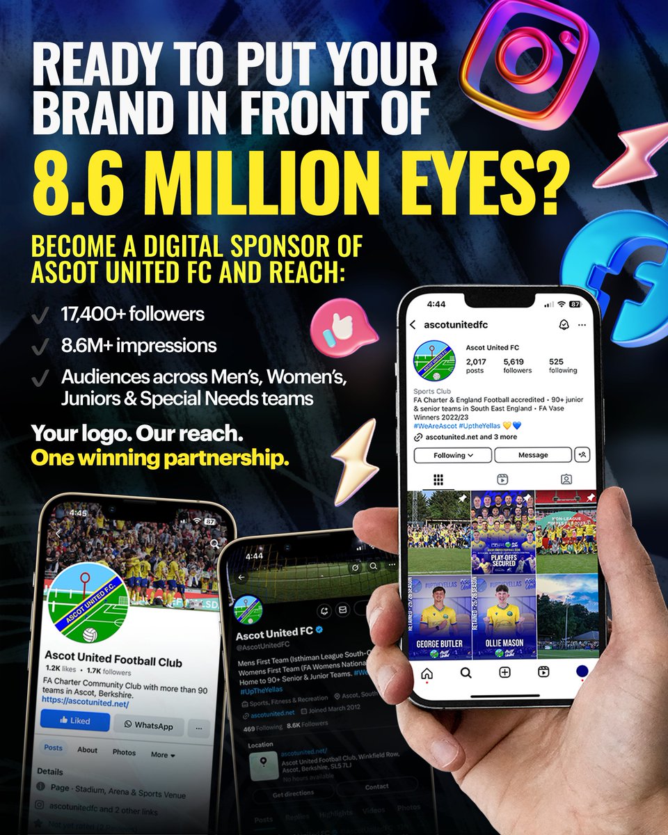 AscotUnitedFC's tweet image. 𝐑𝐞𝐚𝐝𝐲 𝐭𝐨 𝐏𝐮𝐭 𝐘𝐨𝐮𝐫 𝐁𝐫𝐚𝐧𝐝 𝐢𝐧 𝐅𝐫𝐨𝐧𝐭 𝐨𝐟 𝟖.𝟔 𝐌𝐢𝐥𝐥𝐢𝐨𝐧 𝐄𝐲𝐞𝐬? 👀
Become a Social Media sponsor for just £100 per month and reach:
✔️ 17,400+ 𝑓𝑜𝑙𝑙𝑜𝑤𝑒𝑟𝑠
✔️ 8.6𝑀+ 𝑖𝑚𝑝𝑟𝑒𝑠𝑠𝑖𝑜𝑛𝑠 (24/25 𝑠𝑒𝑎𝑠𝑜𝑛)
✔️ 𝐴𝑢𝑑𝑖𝑒𝑛𝑐𝑒𝑠…