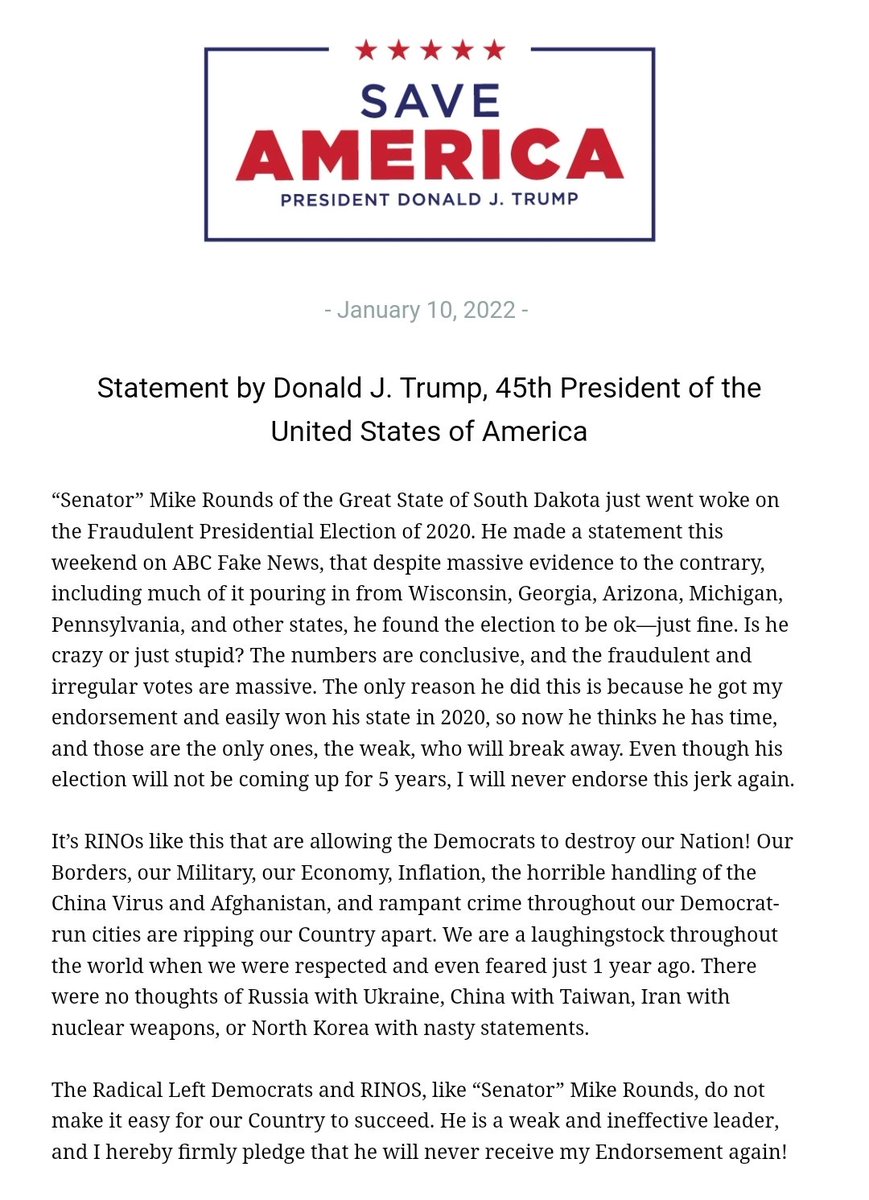 metzgov's tweet image. After declaring 3.5 years ago that he would "never endorse this jerk again," Trump has endorsed Sen. Mike Rounds for reelection in 2026.