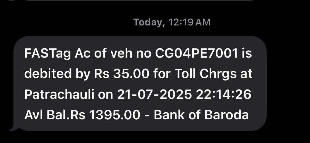 मेरी गाड़ी इतने समय मेरे घर पर खड़ी थी,और इसका टोल घर से 600 km दूर कटा है !
यह कैसे मुमकिन है ? और कैसे हो सकता है ?
कृपया समस्या का समाधान करे <a href="/NHAI_Official/">NHAI</a>  <a href="/nitin_gadkari/">Nitin Gadkari</a>  <a href="/bankofbaroda/">Bank of Baroda</a> #chattisgarh #jharkhand