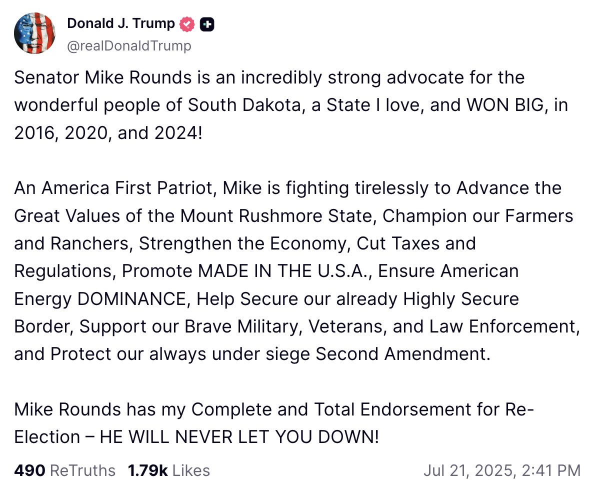 metzgov's tweet image. After declaring 3.5 years ago that he would "never endorse this jerk again," Trump has endorsed Sen. Mike Rounds for reelection in 2026.
