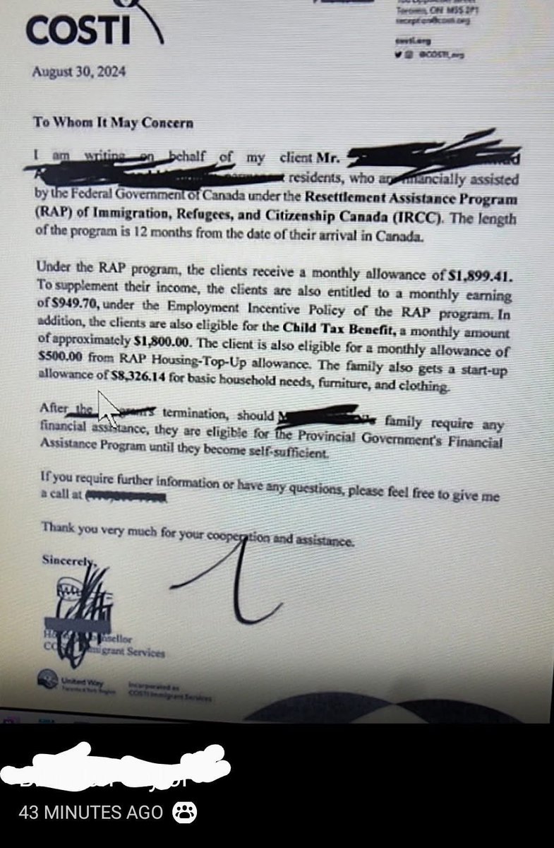 DanaMetcalfe5's tweet image. 🚨 BREAKING: Refugee Families Receive Over $3,000/Month While Canadian Seniors & Vulnerable Citizens Struggle
A leaked document from COSTI Immigrant Services confirms what many Canadians have long suspected: there’s a massive double standard when it comes to how the federal…