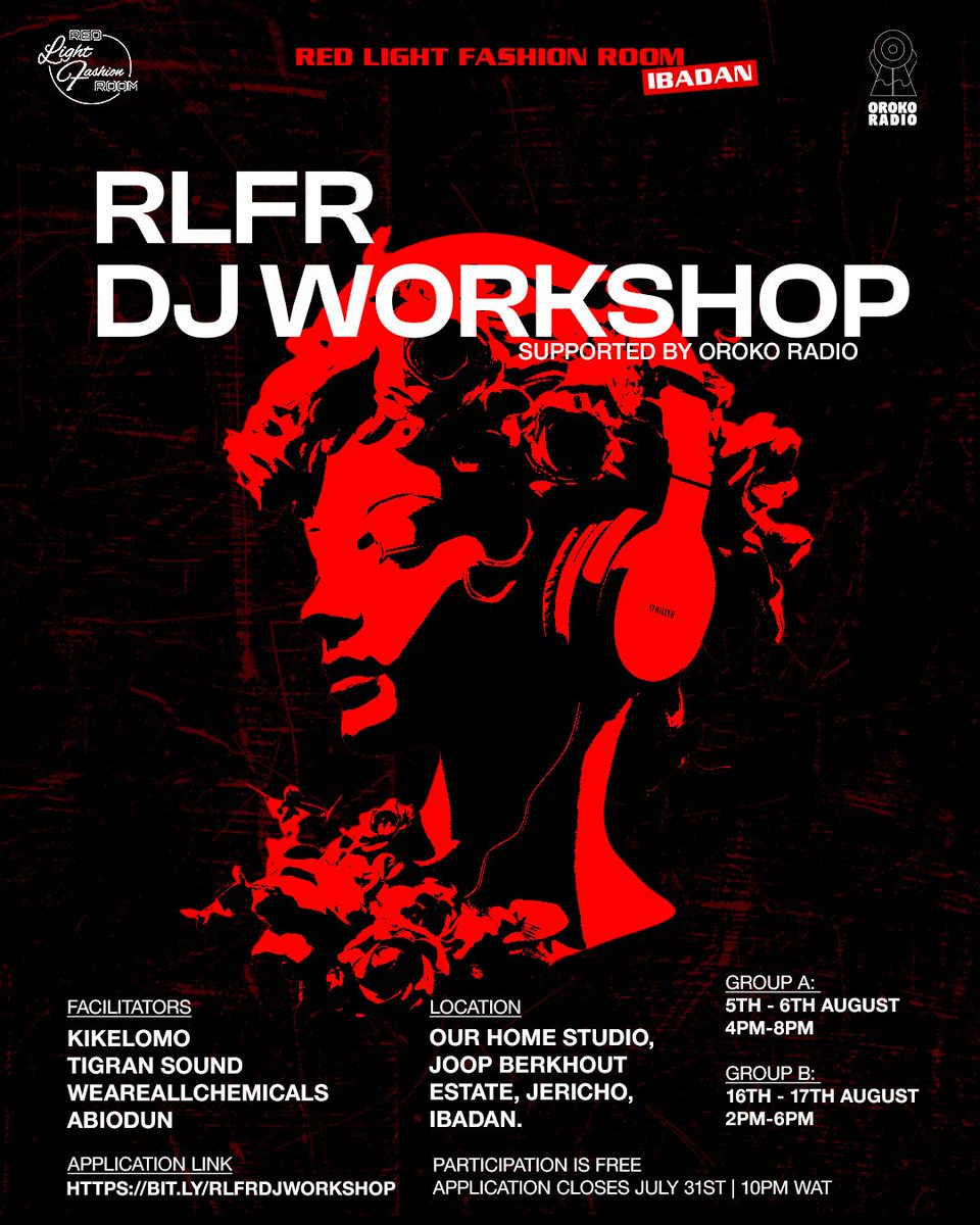 RLFRNG's tweet image. No decks? No problem.
The RLFR DJ Workshop is here.
A free, beginner DJ space in Ibadan.
Aug 5–6 & 16–17
Apps open now. Women strongly encouraged to apply.❤️
Register here: bit.ly/RLFRDJWORKSHOP
Entry closes July 31st.🚨
#rlfr #djworkshop #redlightfashionroom