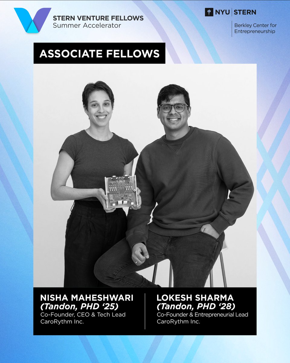 🧠 Nisha Maheshwari (PhD ’25) &amp; Lokesh Sharma (PhD ’28) are the minds behind CaroRhythm &amp; its stroke-monitoring device, CaroSense. 💓

In their post for the #SVFBlog, they share key lessons for founders from the SVF Accelerator!

📖 Read their post at 👉 nyusternberkleycenter.com/2025/07/carorh…