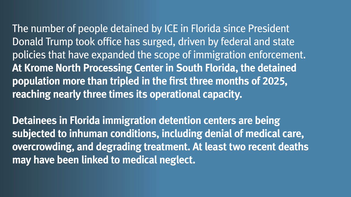 Belkis Wille (@belkiswille) on Twitter photo 🚨 NEW REPORT: “You Feel Like Your Life is Over” — <a href="/hrw/">Human Rights Watch</a> <a href="/Am4ImmJustice/">Americans for Immigrant Justice - AI Justice</a> and SOS expose abusive conditions at 3 Florida immigration detention centers. Overcrowding, medical neglect, and degrading treatment are rampant. #HumanRights #ImmigrationJustice 🔗 hrw.org/news/2025/07/2… 🚨 NEW REPORT: “You Feel Like Your Life is Over” — <a href="/hrw/">Human Rights Watch</a> <a href="/Am4ImmJustice/">Americans for Immigrant Justice - AI Justice</a> and SOS expose abusive conditions at 3 Florida immigration detention centers. Overcrowding, medical neglect, and degrading treatment are rampant. #HumanRights #ImmigrationJustice 🔗 hrw.org/news/2025/07/2…