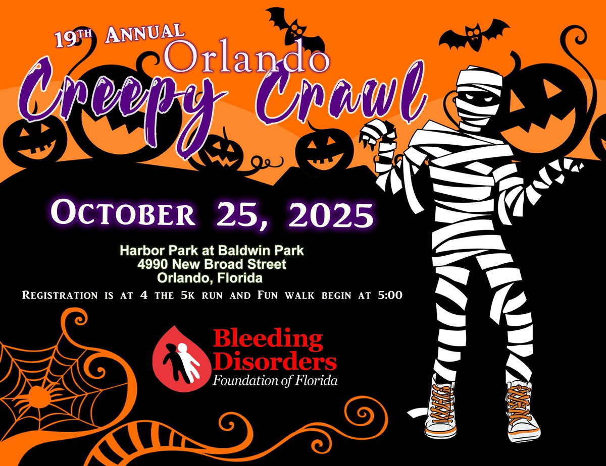 Something spooky is brewing in Orlando... Join us for our 19th Annual Creepy Crawl 5K and Fun Walk. Enjoy a full evening of scarily good fun at Harbor Park in Baldwin Park. Click the link here to register: secure.qgiv.com/event/202519th…