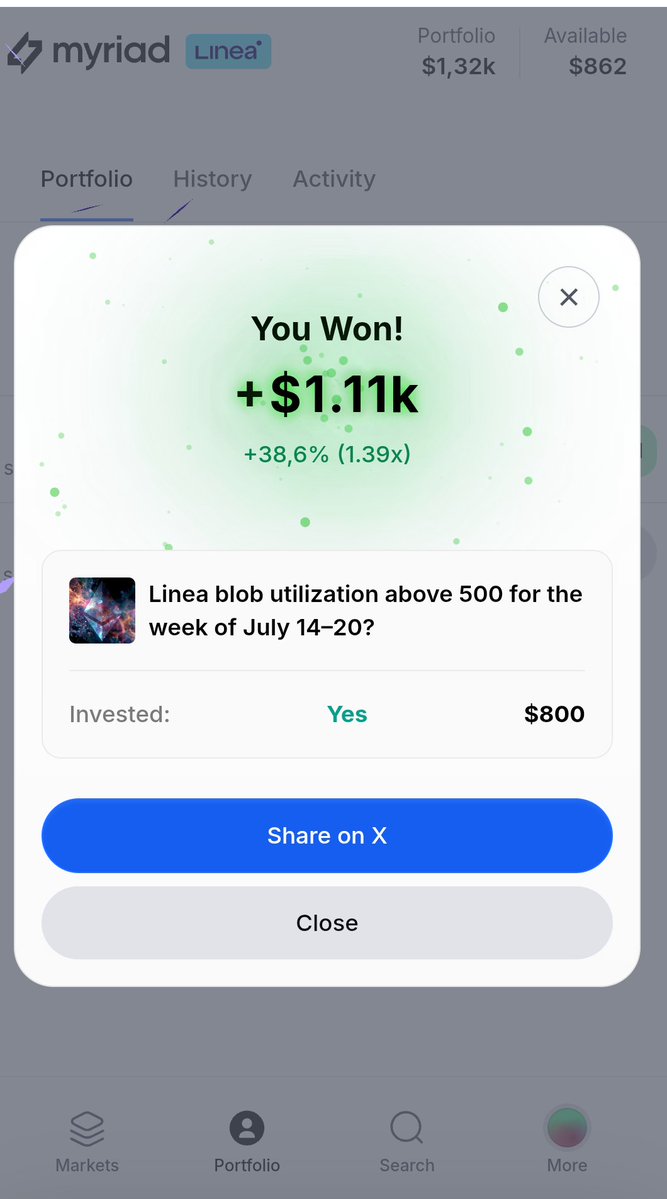 plzdiethx_bye's tweet image. Beta testing @MyriadMarkets on @LineaBuild.  
Feels great!  
Linea blobs are my favorite market.