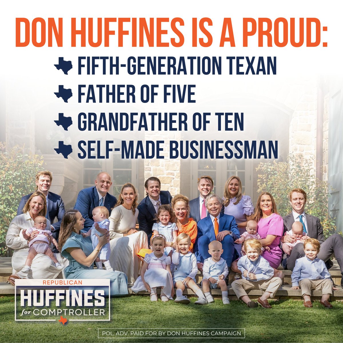TeamHuffines's tweet image. As a father of five and a grandfather of ten, everything @DonHuffines fights for, from limited government to education freedom, is about building a better future for them and every Texas family.
For Don, this isn’t just politics. It’s personal.