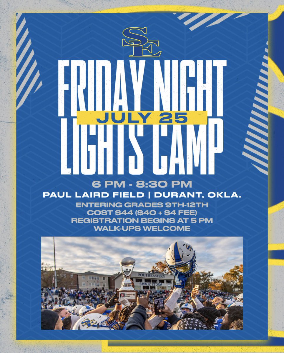 FINAL CAMP‼️🌩️

Join us July 25th under the lights at Paul Laird Field. No testing, all ball. Register using the link below. Walk-ups welcome!!

🔗savagestormfootballcamps.com

#TakeCover🔵