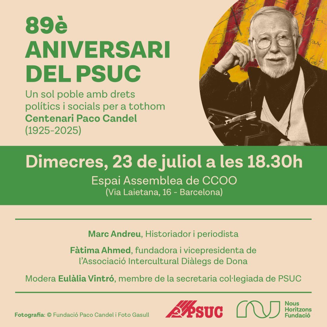 MandreuBcn's tweet image. Aquest dimecres celebrarem el 89 aniversari del PSUC parlant sobre un sol poble amb drets polítics i socials per a tothom en el marc del centenari de Paco Candel @NousHoritzons
