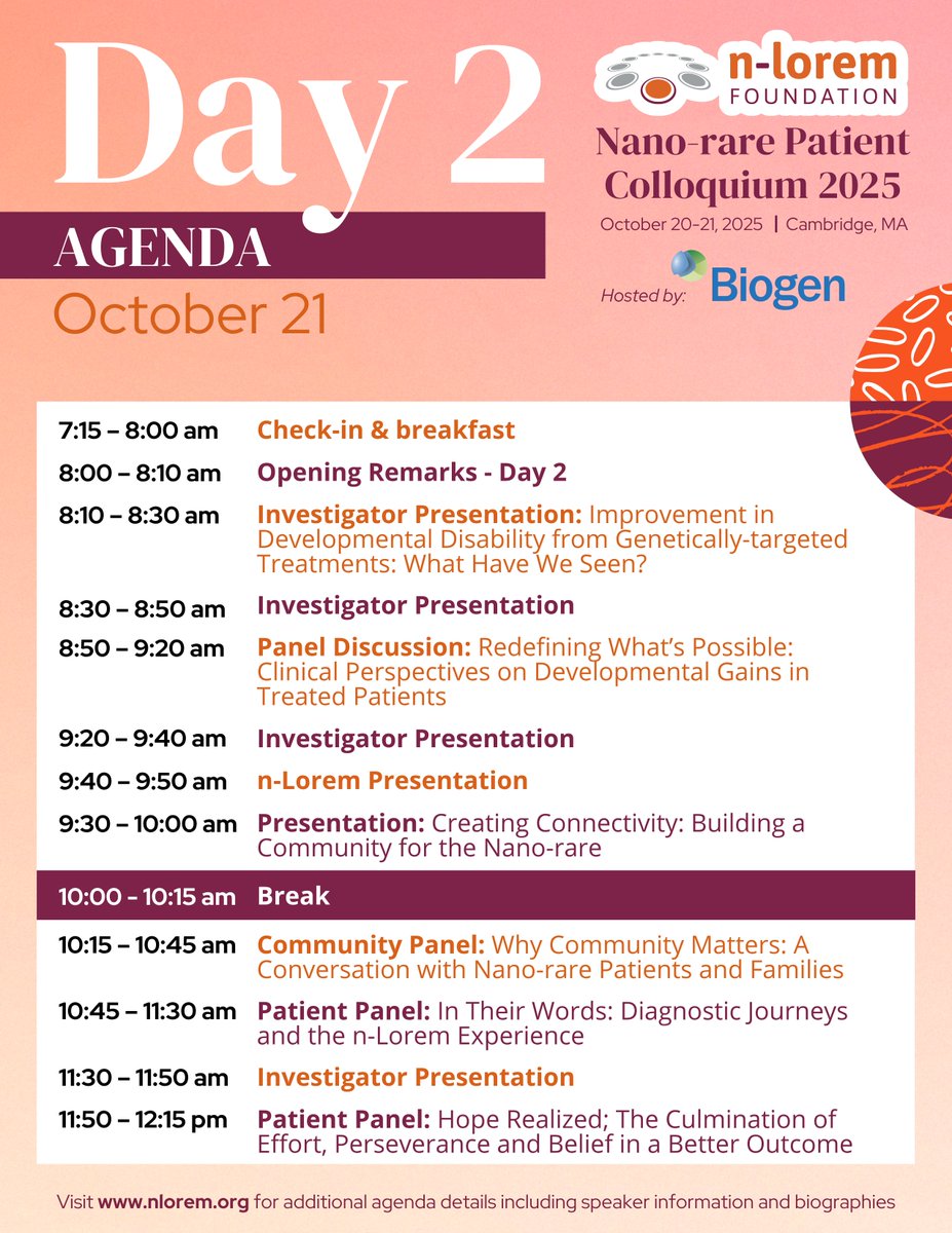 n_lorem's tweet image. The 2025 Nano-rare Patient Colloquium Agenda is here! 🧬
Get ready to be informed, inspired, and connected. The nano-rare community is coming together—don’t miss it!
✅ Register to join us in-person or virtually
🎤 Explore the speaker lineup and bios
nlorem.org/nano-rare-pati…