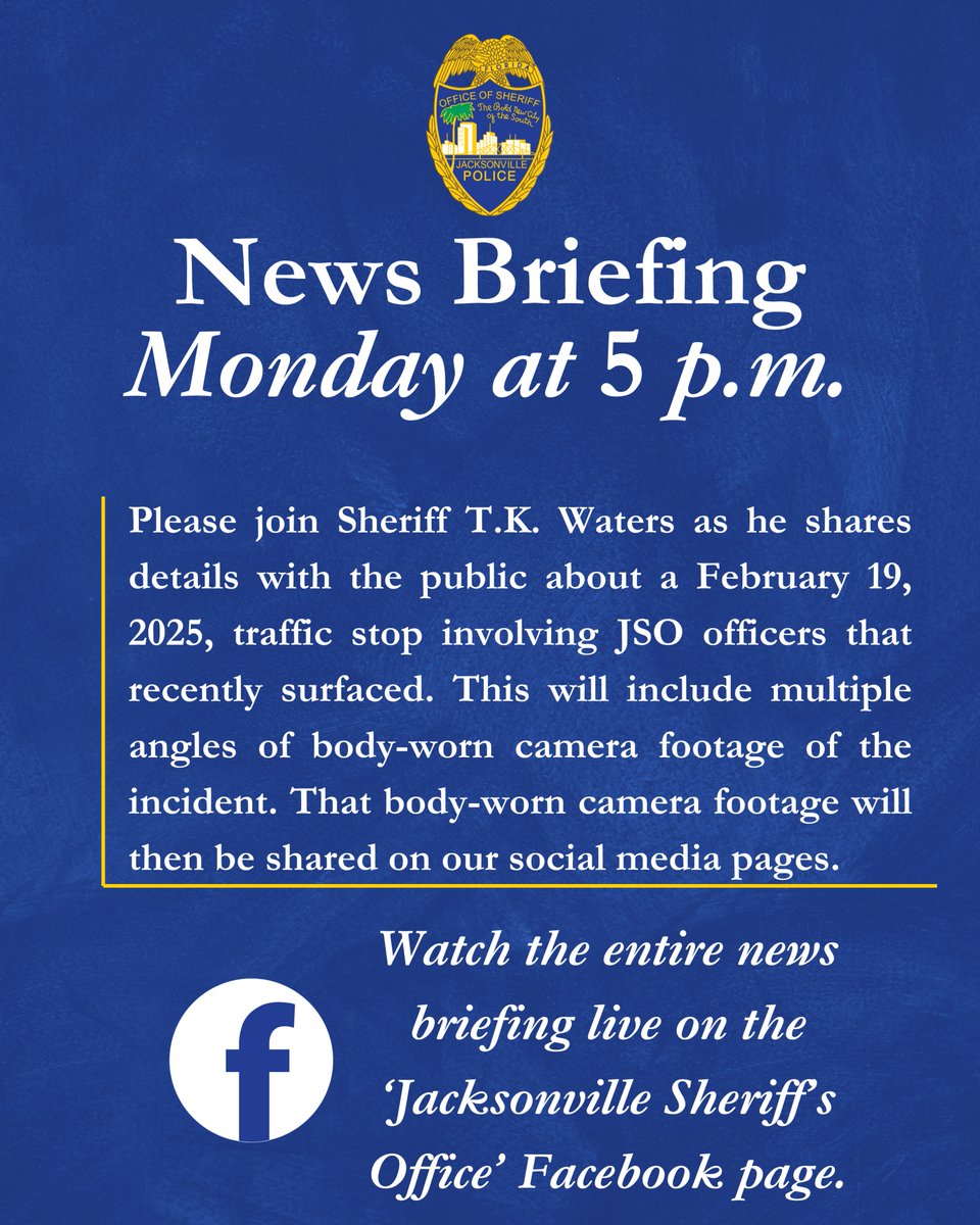 JSOPIO's tweet image. ๐๐๐๐ ๐๐๐๐๐
๐๐๐: ๐๐๐๐๐ ๐๐ ๐ ๐.๐.
Please join Sheriff T.K. Waters as he shares details with the public about a February 19, 2025, traffic stop involving JSO officers that recently surfaced. This will include multiple angles of body-worn camera footage of theโฆ