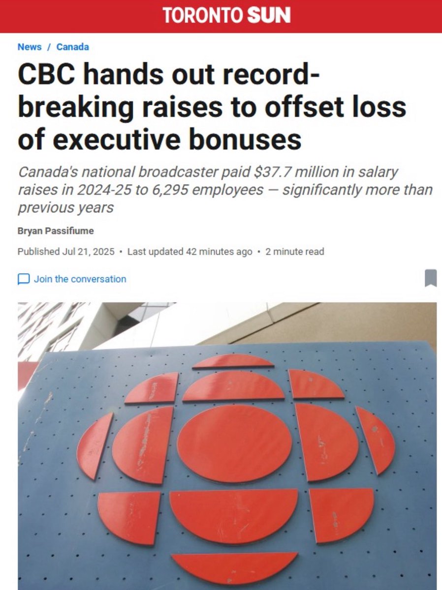 franco_nomics's tweet image. The CBC isn’t saving people money if it’s replacing taxpayer-funded bonuses with higher taxpayer-funded pay raises.
CBC pay raises cost taxpayers $38 million in 2024-25.
Defund the CBC.
torontosun.com/news/national/…