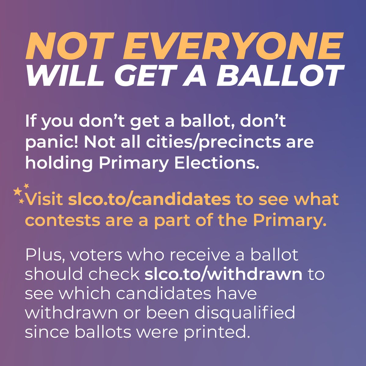 VoteSLCo's tweet image. The Municipal Primary is almost here! Don’t forget:
⭐️ Ballots must be received by Aug 12 at 8 PM. Postmarks don’t count!
⭐️ Mail your ballot early, use a drop box, or drop it off at a Vote Center.
⭐️ Check your registration (or register) at vote.utah.gov!