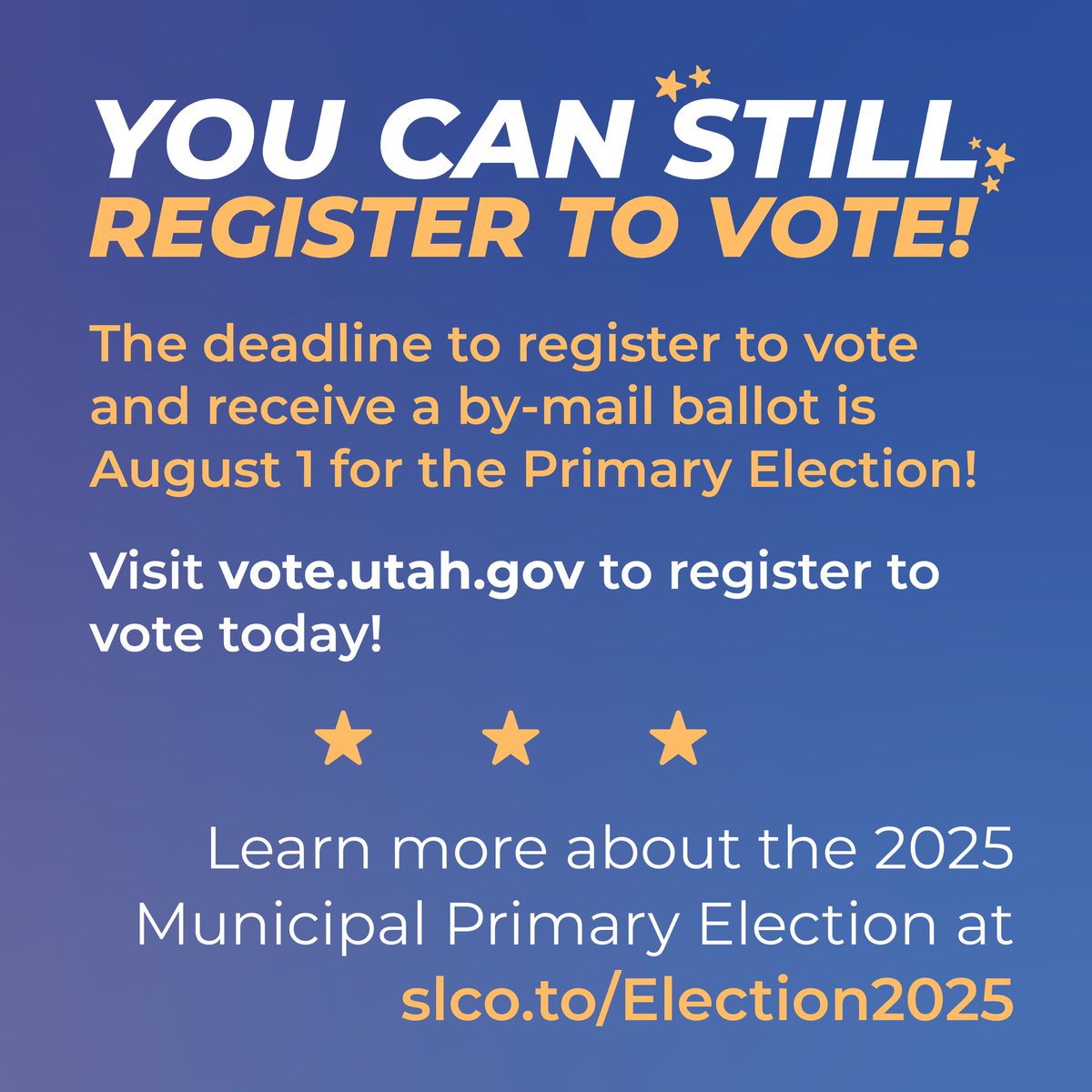 VoteSLCo's tweet image. The Municipal Primary is almost here! Don’t forget:
⭐️ Ballots must be received by Aug 12 at 8 PM. Postmarks don’t count!
⭐️ Mail your ballot early, use a drop box, or drop it off at a Vote Center.
⭐️ Check your registration (or register) at vote.utah.gov!