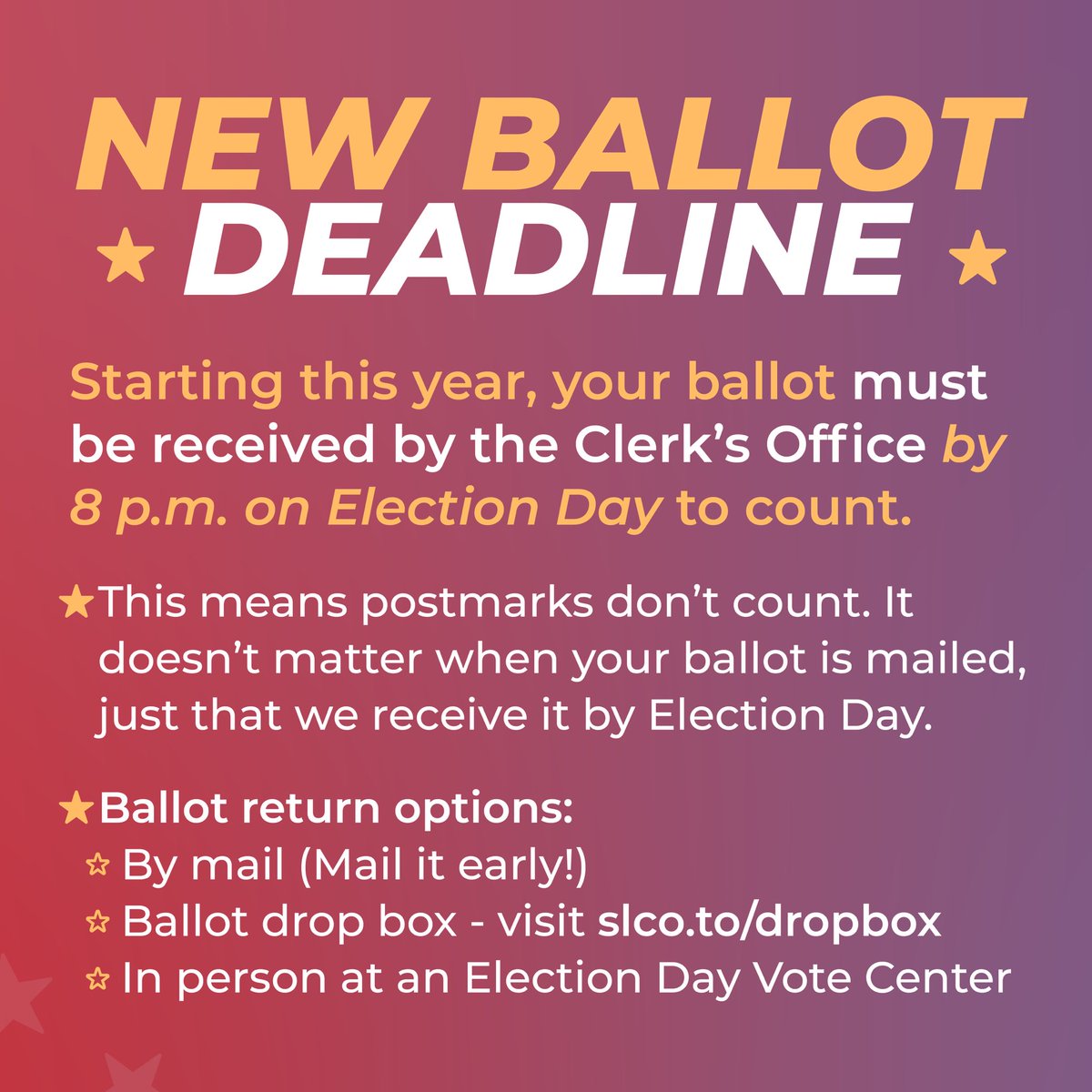 VoteSLCo's tweet image. The Municipal Primary is almost here! Don’t forget:
⭐️ Ballots must be received by Aug 12 at 8 PM. Postmarks don’t count!
⭐️ Mail your ballot early, use a drop box, or drop it off at a Vote Center.
⭐️ Check your registration (or register) at vote.utah.gov!