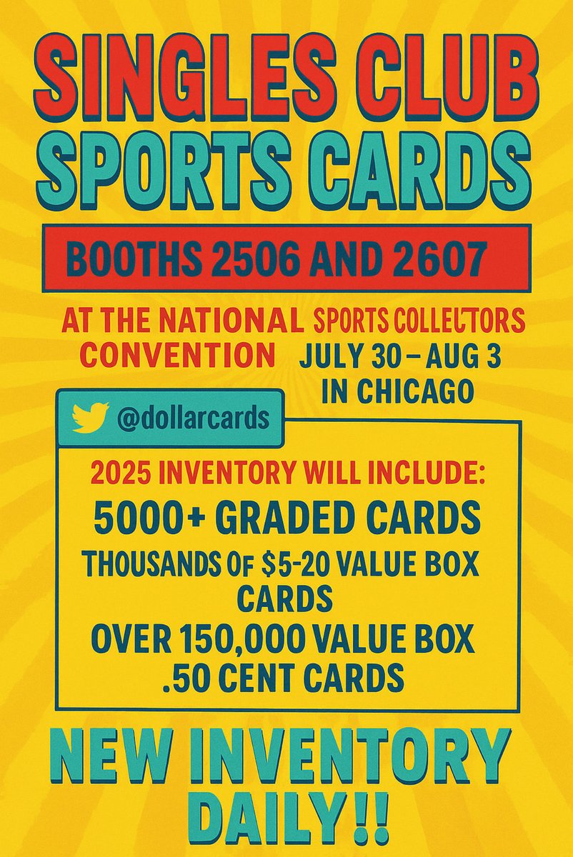 DollarCards's tweet image. We are closing in on the @nsccshow Singles Club! And you know the drill we bring a Uhaul and take home nothing!!!! If you’re looking for PC items or bulk inventory we’re the stop!!