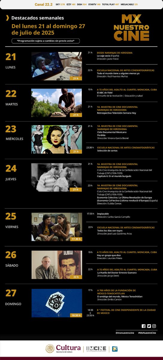 mxnuestrocine's tweet photo. ¡Conoce los contenidos que #MxNuestroCine trae para ti esta semana y disfruta de ellos todos los días! 🤩👇 https://t.co/BKmvecxsBl