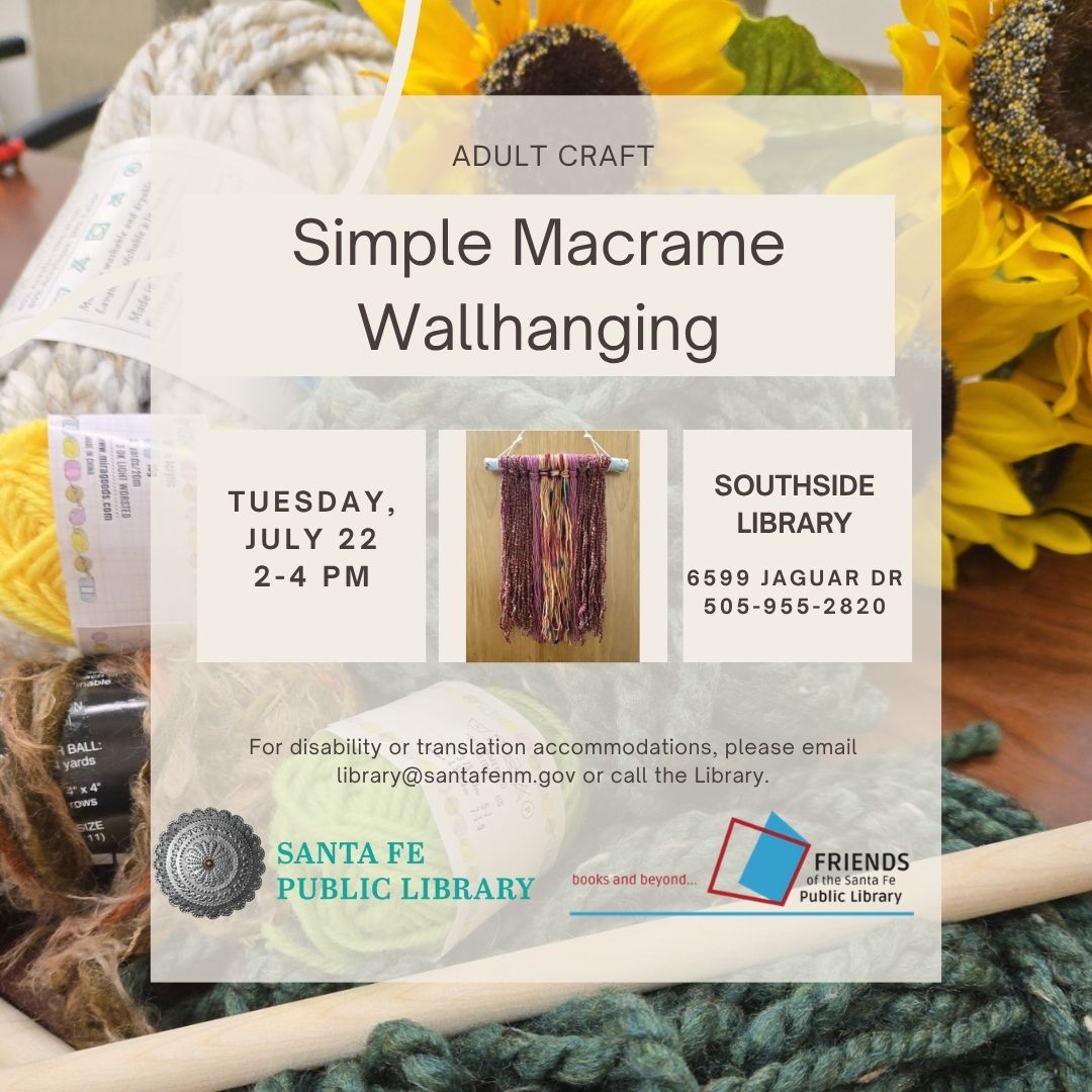 sfpl's tweet image. Tomorrow! Jazz up your interiors w/ a Simple #MacraméWallhanging!

#SouthsideLibrary
Tues Jul 22
2–4pm

Create a pretty wallhanging using yarn of various colors and the simplest #macramé knot. No macramé experience is necessary, and all supplies will be provided.