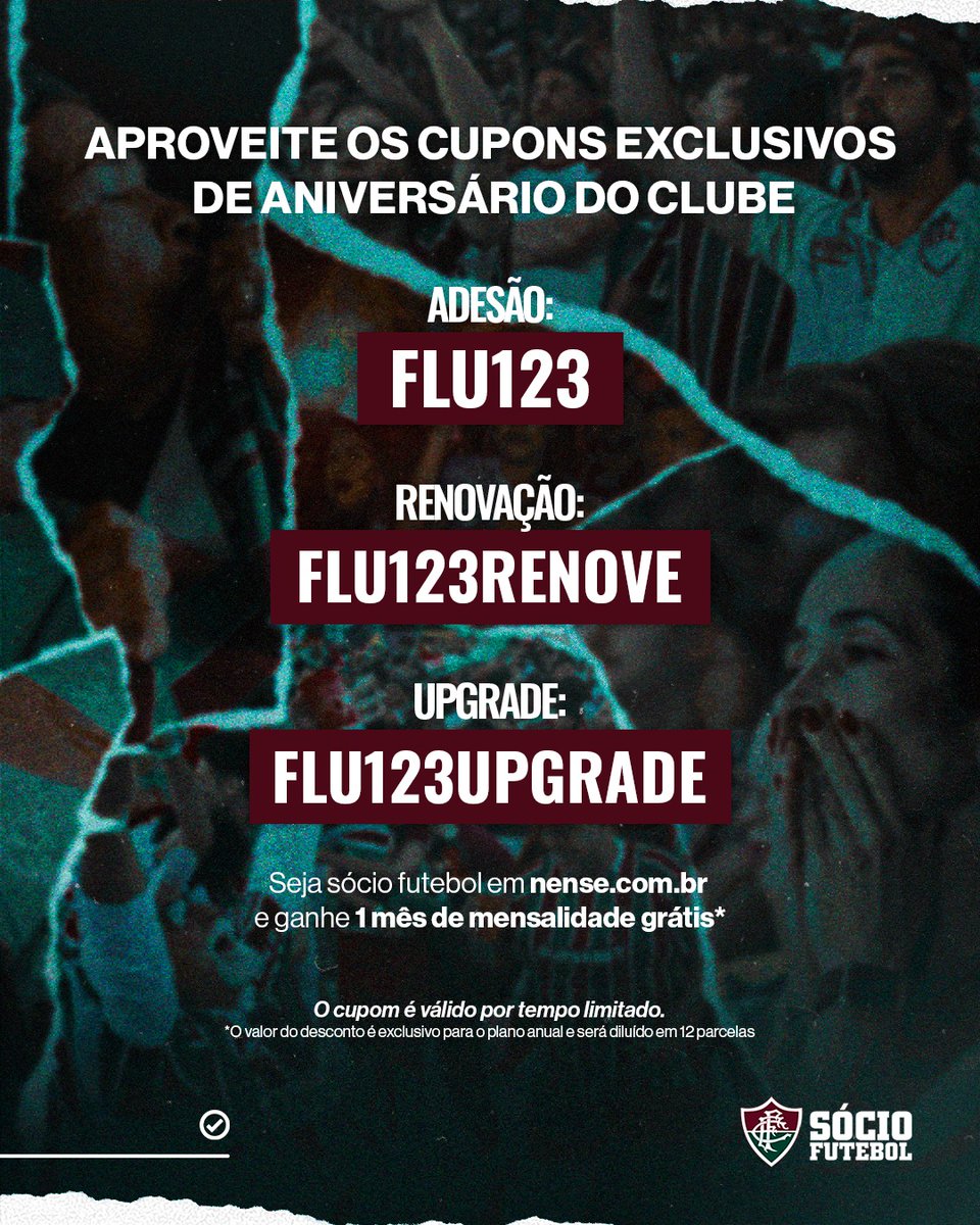 SocioDoFlu's tweet image. Hoje, 21 de julho, a Melhor Ideia de Todos os Tempos faz 123 anos e você pode escolher fazer parte dessa história! 🇭🇺
Aproveite os cupons de aniversário para garantir descontos em novas adesões, renovações e upgrades! Aplique os cupons em nense.com.br!