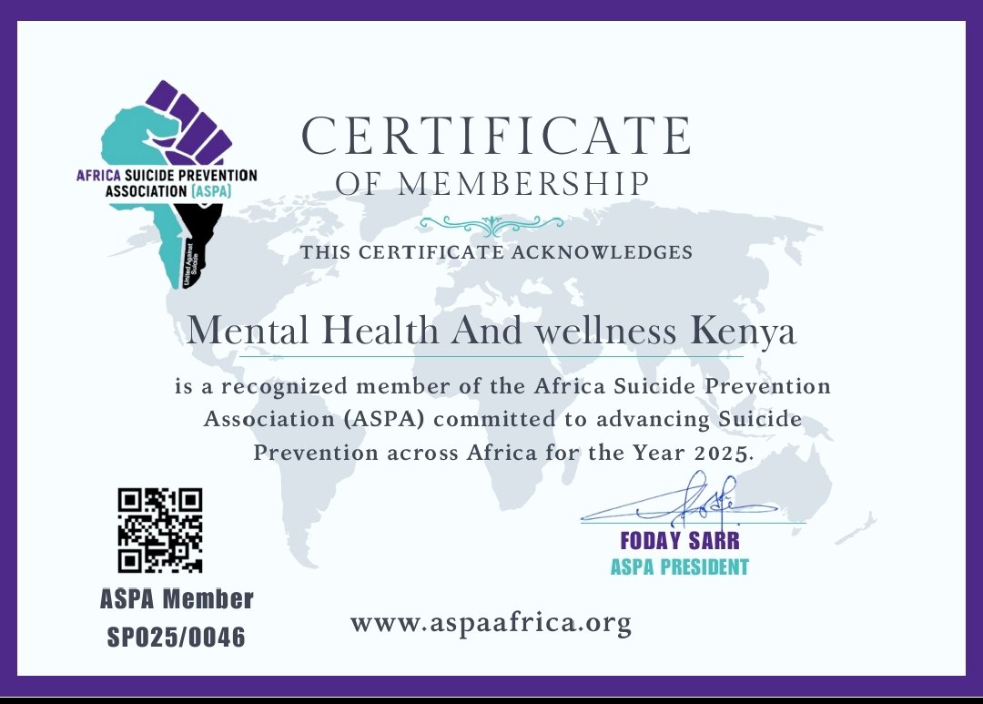 Mental Health and Wellness Kenya (@mhwkenya) on Twitter photo We are delighted to announce that Mental health and Wellness Kenya is now a duly inducted member of the <a href="/Aspaafrica/">Africa Suicide Prevention Association -(ASPA)</a>. This is a huge step towards supporting initiatives to decriminalize suicide for which we took part in making sure the Bill is now an Act of parliament. We are delighted to announce that Mental health and Wellness Kenya is now a duly inducted member of the <a href="/Aspaafrica/">Africa Suicide Prevention Association -(ASPA)</a>. This is a huge step towards supporting initiatives to decriminalize suicide for which we took part in making sure the Bill is now an Act of parliament.