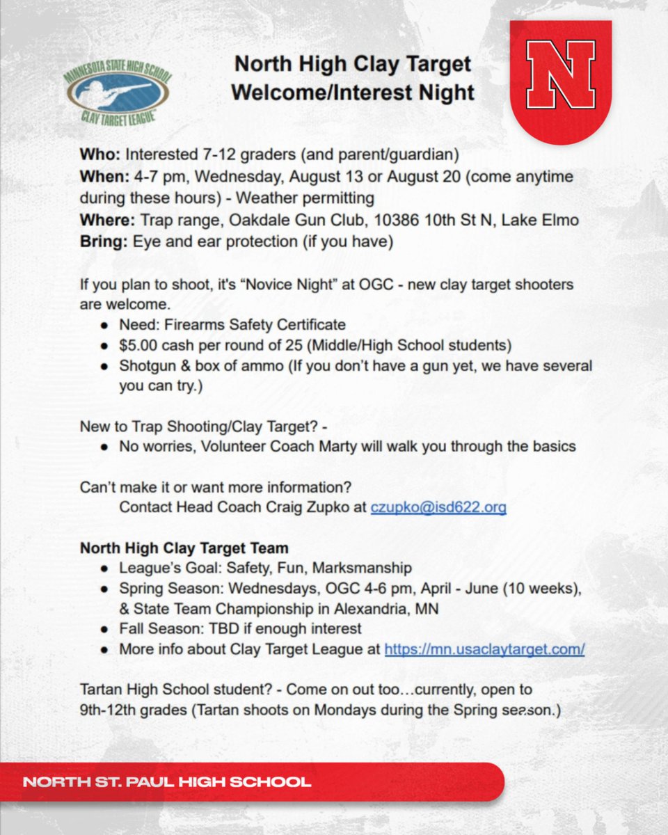 Good Afternoon Polar Nation!!!! Interested in learning more about Clay Target? Here is a Great way to expand your knowledge and meet some of the Coaches and Athletes from the North High Clay Target Team!!!! 

This is a 2 Night event!! See all of you there!!! 

#GOPOLARS