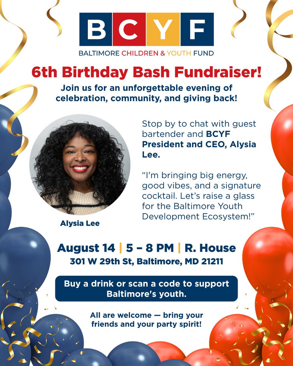 BCYF’s own President &amp; CEO Alysia Lee is stepping behind the bar! 🍹 Catch her at our 6th Birthday Bash Fundraiser on Aug 14 at R. House bringing big energy + raising a glass for Baltimore’s youth.

#BCYF #YouthLeadership #BaltimoreEvents