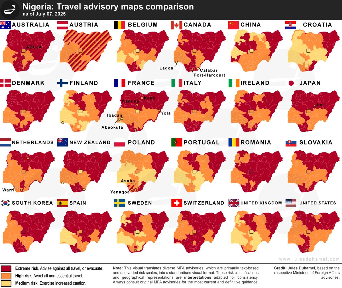simongerman600's tweet image. The UK and Australian governments give their citizens rather different travel advise when it comes to visiting Nigeria. This cool graphic summarizes the travel advise of 24 governments. Source: julesduhamel.com