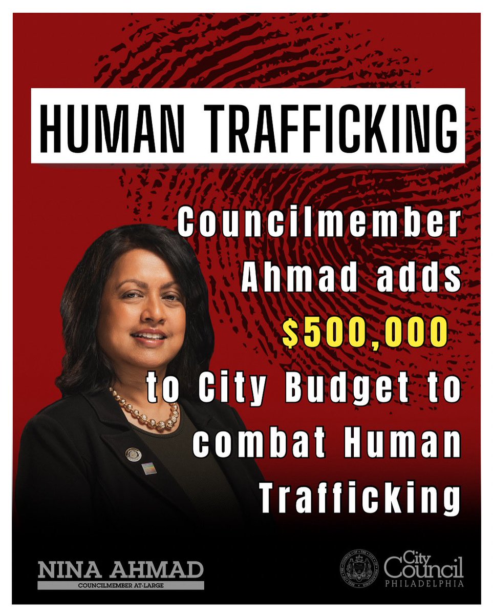 cmninaahmad's tweet image. As the lead on this initiative, l was proud to announce last month that Philadelphia City Council has allocated $500,000 in the FY26 budget to fight human trafficking in Philadelphia.
#StopTraffickingPHL #cmahmad