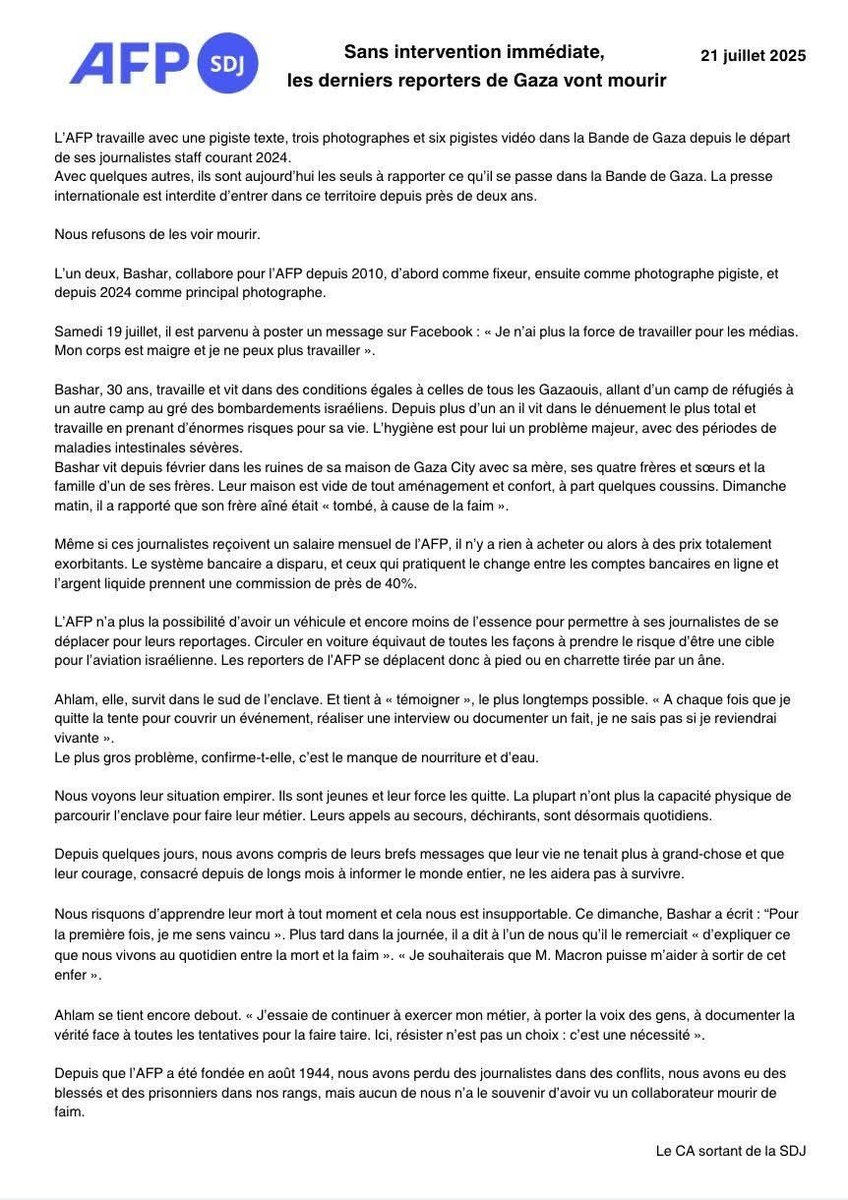 IhabHassane's tweet image. AFP issued a statement saying this is the first time in their history that their journalists on the ground face death by starvation.
“Since AFP was founded in August 1944... We’ve seen colleagues die from bullets, bombs, and missiles — but never from hunger.”