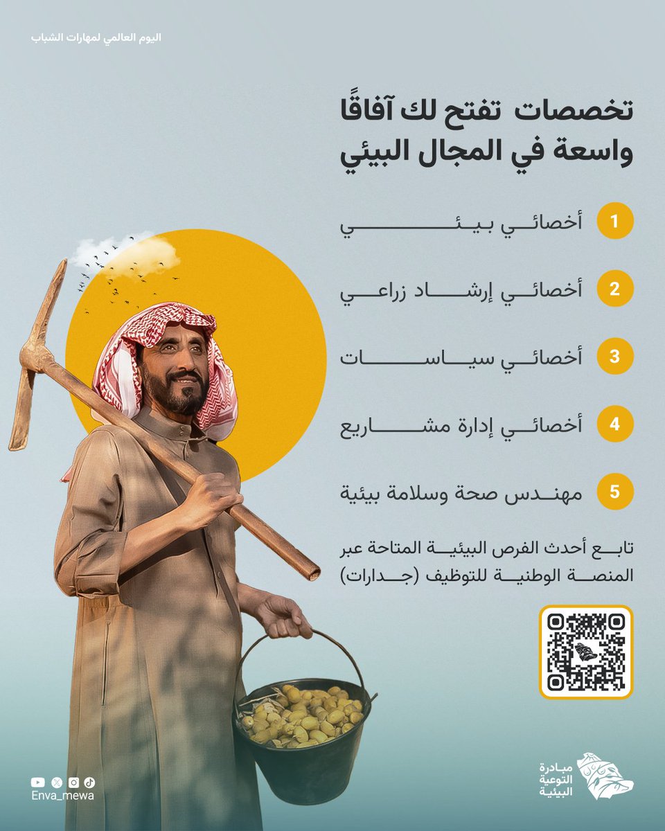 العمل البيئي رسالة سامية وفرصة مميزة لخدمة الأرض والإنسان، في اليوم العالمي لمهارات الشباب تعرف على بعض تخصصات المجال البيئي، وتابع أحدث الفرص المتاحة 
 mewa.gov.sa/ar/Ministry/Ab…
#مبادرة_التوعية_البيئية