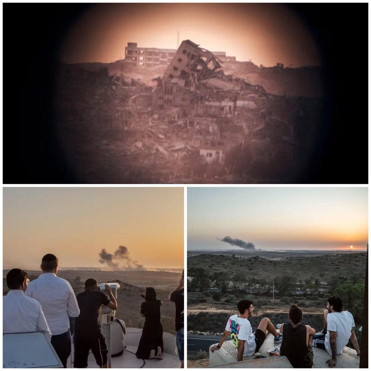 RamAbdu's tweet image. Avik, a young Israeli, smiles as he watches Gaza being bombed from a nearby hilltop overlooking Beit Hanoun.
“When I see a rocket hit Gaza, I feel happy,” he says.
He and others gather at this spot—known as “Sderot Cinema”—to watch the destruction, paying just $1.50 for the view.