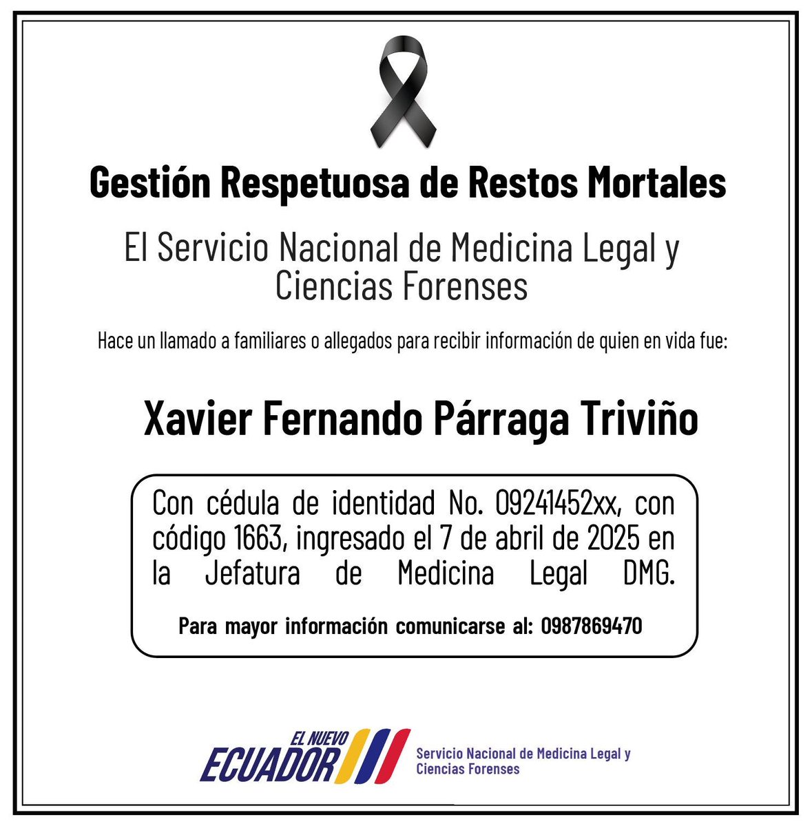 ForensesEC's tweet photo. 📣 ¡Ayúdanos a difundir! 🕊

Hacemos un llamado a familiares y amigos de los siguientes fallecidos, quienes ya fueron identificados, pero no han sido retirados por sus familiares.

⏩Conoce el listado completo en nuestra página web
https://t.co/EiOvXWKyuQ https://t.co/OUg7EAyA60